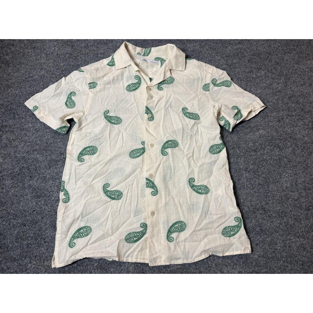 Zara Shirt Mens S Beige Short Sleeve Cotton Paisley Embroidered Button-Up Casual